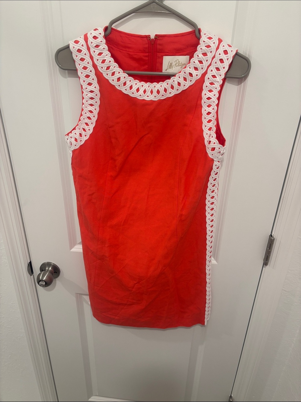 Lilly Pulitzer Girls' Bright Red Sleeveless Shift Dress with White Braid Trim